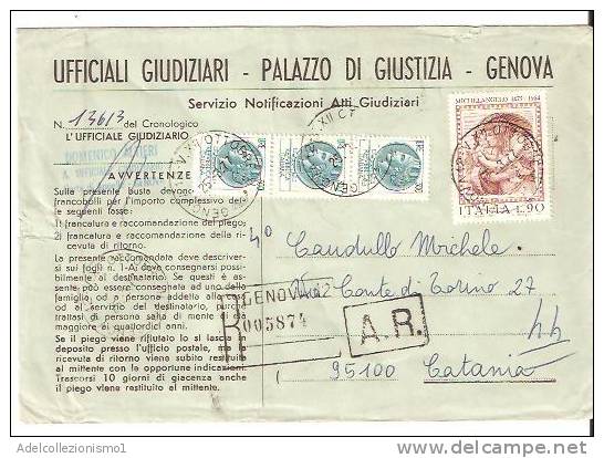 30310)lettera Ufficiali Giudiziari Con 3x300£ Sirausana + 90£ Michelangelo + Annullo Da Genova A Catania - 1971-80: Storia Postale