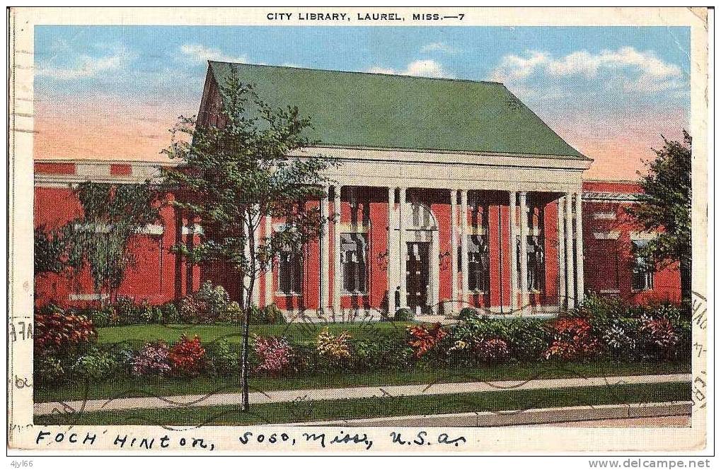 CPA Old Card USA Etats-unis - CITY LIBRARY, LAUREL Mississippi - Art Museum - Cachet 1939 - Autres & Non Classés