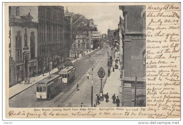 Springfield MA, Main & State Street Scene, Street Car, On 1909 Vintage Postcard, RFD Cancel Postmark - Springfield