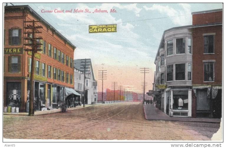 Corner Court And Main Street, Auburn Maine On 1910s Vintage Postcard - Auburn