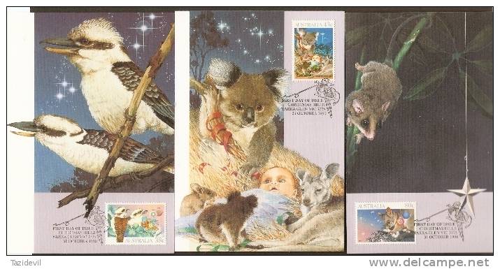 AUSTRALIA - 1990 Christmas Maximum Cards Set Of Three - Kookaburras, Animals, Children - Maximumkaarten