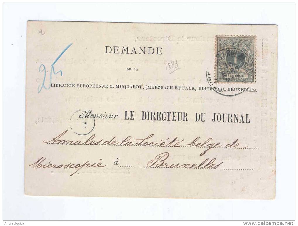 MICROSCOPIE - Belgique - Carte Imprimée TP 26 BXL 1883 Vers Directeur Des Annales De La Société De Microscopie--  B2/830 - Physique