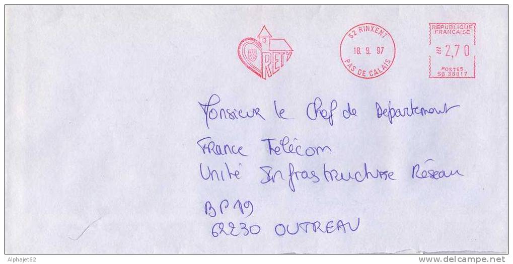 Blason, Coeur, église - EMA - FRANCE - Réty, Pas De Calais - 1997 - Enveloppes