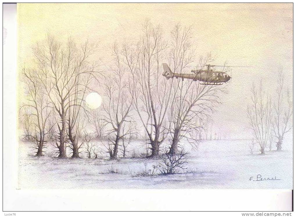 ILLUSTRATION    - Hélicoptère En Vol -  Illustration Signée   F. Perret  - Carte Double : 15.60 X 10.50 Cm    . - Elicotteri