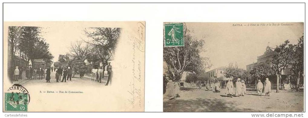 LOT 2 CARTES  ANIMEES . CPA.  ALGERIE .  BATNA .  RUE DE CONSTANTINE , HOTEL DE VILLE . ATTELAGE CHEVAL, - Batna