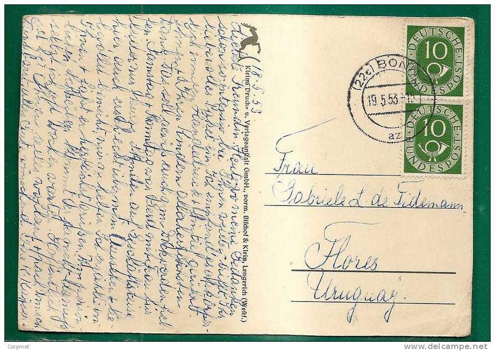 GERMANY - VF 1953  POSKARTE BONN To URUGUAY - Vertical Pair Of Yvert # 14 - - Storia Postale