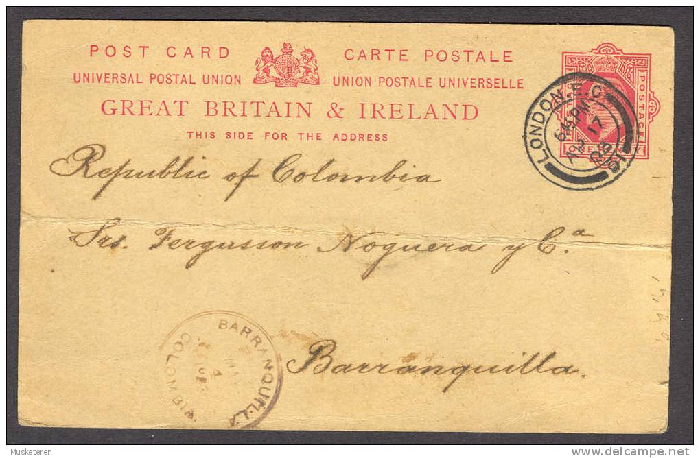 Great Britain Postal Stationery Ganzsache Entier LONDON 1903 Cds. Via New York BARRANQUILLA Colombia SCARCE Destination - Stamped Stationery, Airletters & Aerogrammes