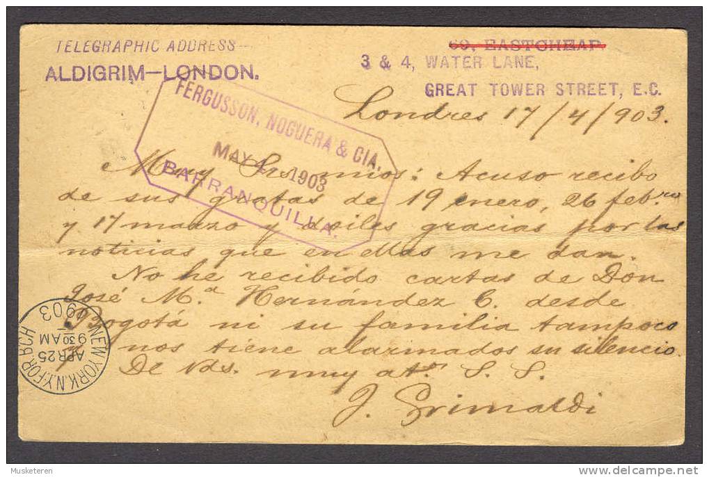 Great Britain Postal Stationery Ganzsache Entier LONDON 1903 Cds. Via New York BARRANQUILLA Colombia SCARCE Destination - Stamped Stationery, Airletters & Aerogrammes