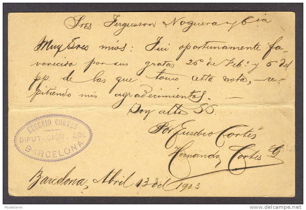 Spain Postal Stationery Ganzsache Entier EUSIBIO CORTES,  BARCELONA 1903 BARRANQUILLA Colombia SCARCE Destination !! - Stamped Stationery, Airletters & Aerogrammes