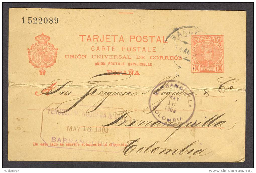 Spain Postal Stationery Ganzsache Entier EUSIBIO CORTES,  BARCELONA 1903 BARRANQUILLA Colombia SCARCE Destination !! - Stamped Stationery, Airletters & Aerogrammes