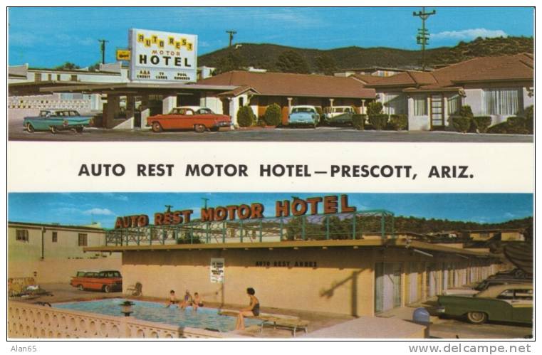 Prescott AZ Auto Rest Motor Hotel, 1950s Vintage Autos On Postcard, Lodging, Swimming Pool - Andere & Zonder Classificatie