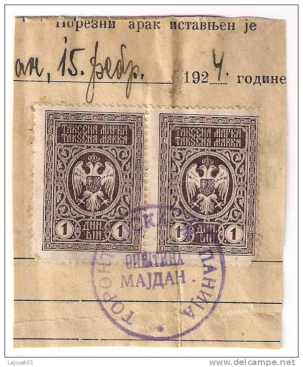 Revenue Stamp Yugoslavia 2x1 Dinara,Majdan Cancel.fragment,1924. - Usados