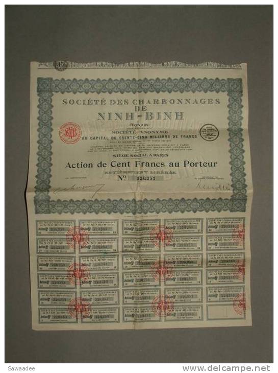 ACTION -  BON D´ACTION 100 FRANCS - SOCIETE DES CHARBONNAGES DE NINH-BINH (TONKIN) - 1929 - Mijnen
