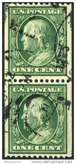 US #385 XF Used 1c Franklin Coil Pair Of 1911 - Roulettes