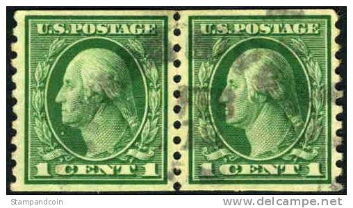 US #443 XF Used 1c Washington Coil Pair Of 1914 - Roulettes