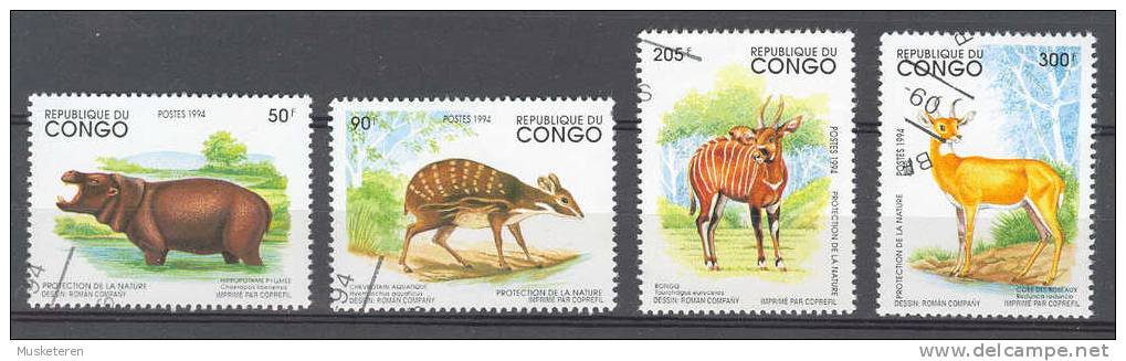 Congo Brazzaville 1994 Mi. 1421-24 Rare Animals Seltene Tiere Hippopotamus Hippo Flusspferd Etc. - Gebraucht