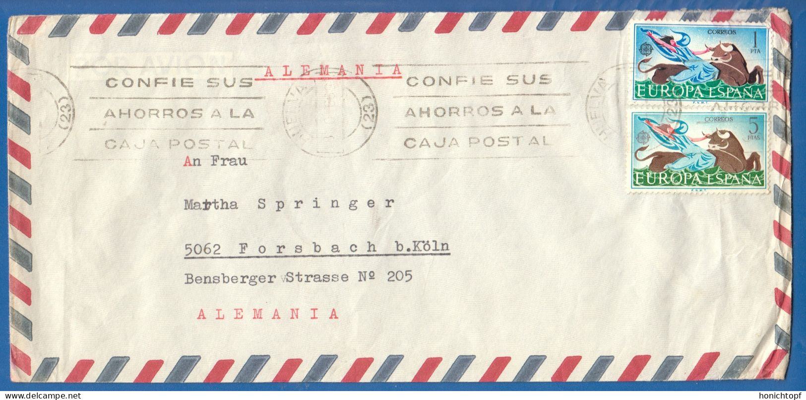 Spanien; Correo Aereo; 1965; Cover / Letter Huelva To Germany - Lettres & Documents