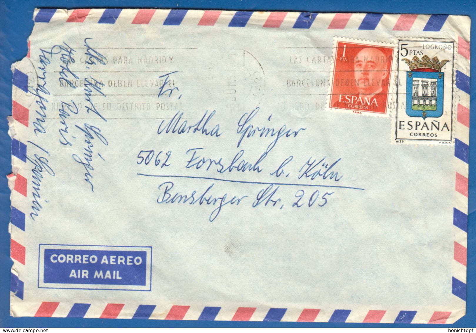 Spanien; Correo Aereo; 1966; Cover / Letter Tarragona To Germany - Briefe U. Dokumente