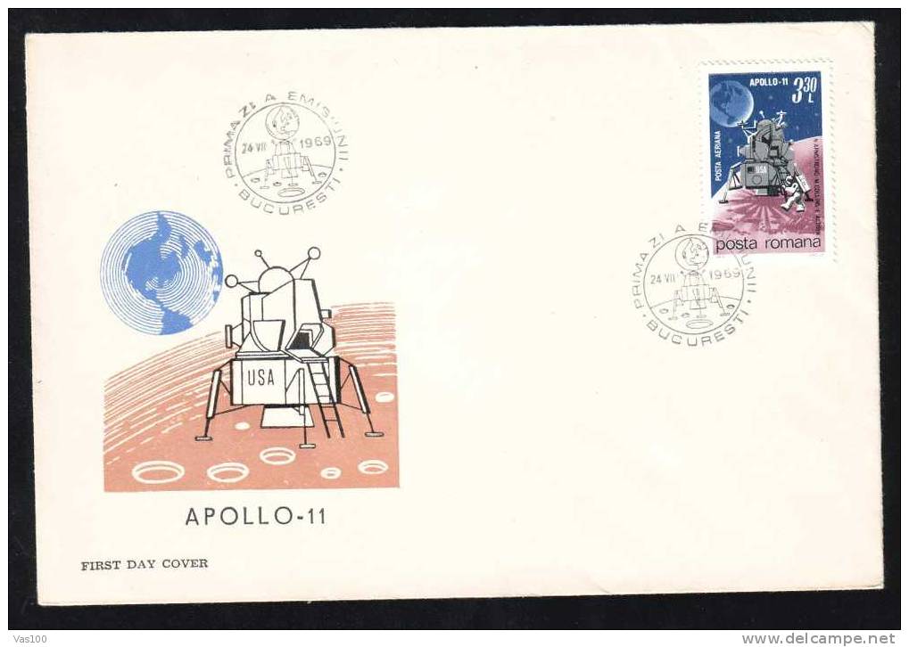 Space Mission Rocket Cosmos,FDC, Cover,1969 Apollo-11 Romania. - Europe