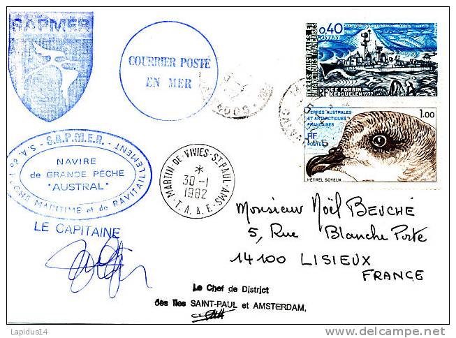 E 190 /TAAF SUR LETTRE  VOYAGE   MARTIN DE VIVIES  St PAUL 1982 SAPMER - Autres & Non Classés