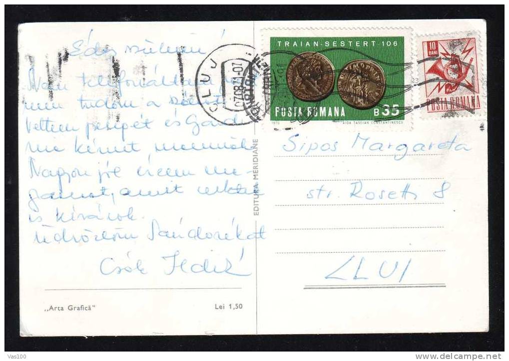 Nice Franking Very Rar Coins 35 Bani + 1 Stamp Usual 10 Bani   On Postcard  ,1971. - Brieven En Documenten