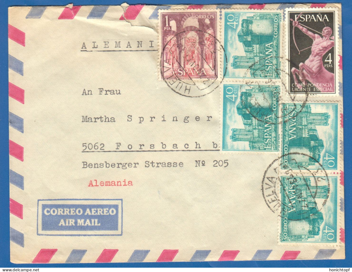 Spanien; Correo Aereo; 1966; Cover / Letter Huelva To Germany - Lettres & Documents