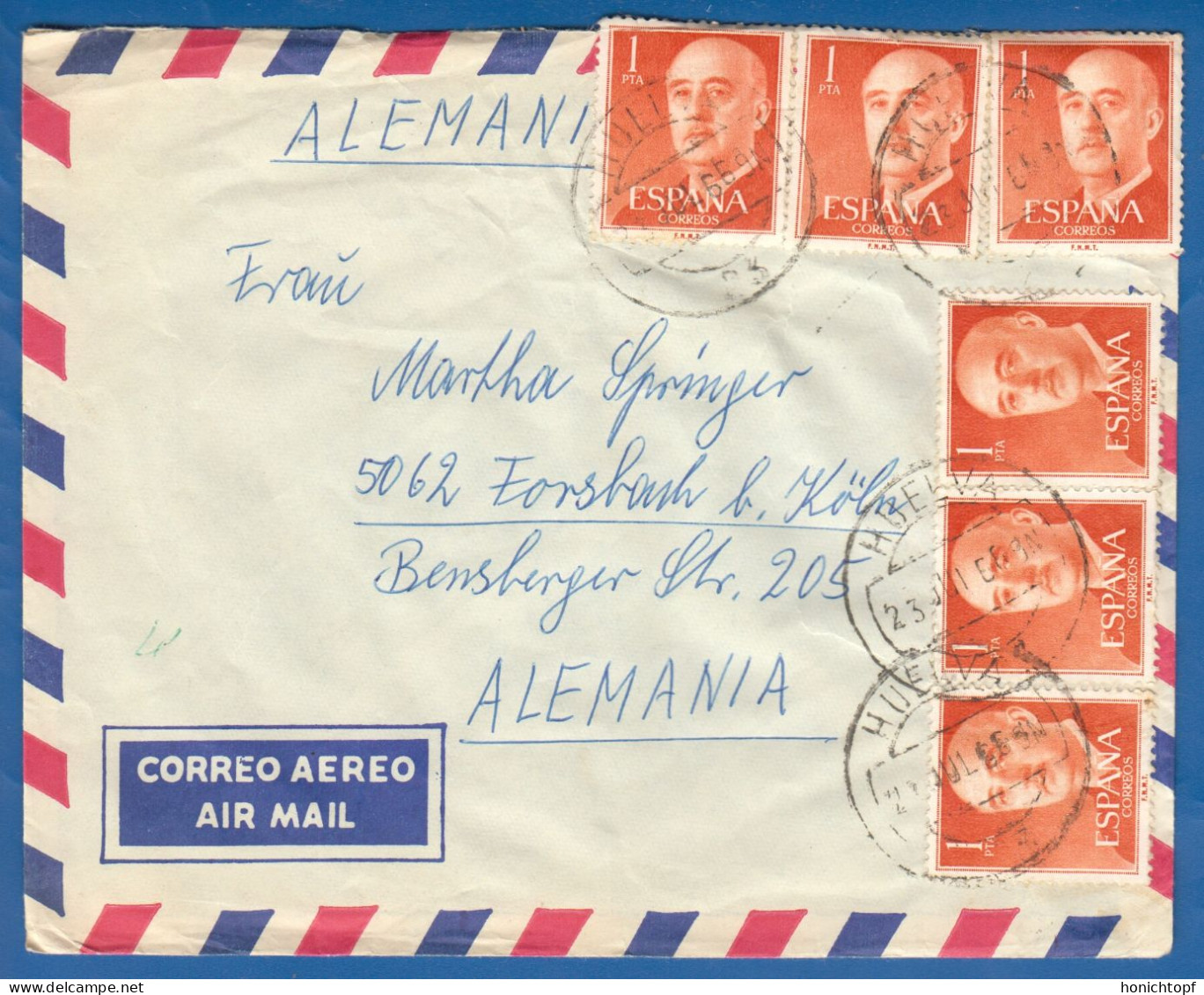 Spanien; Correo Aereo; 1966; Cover / Letter Huelva To Germany - Lettres & Documents