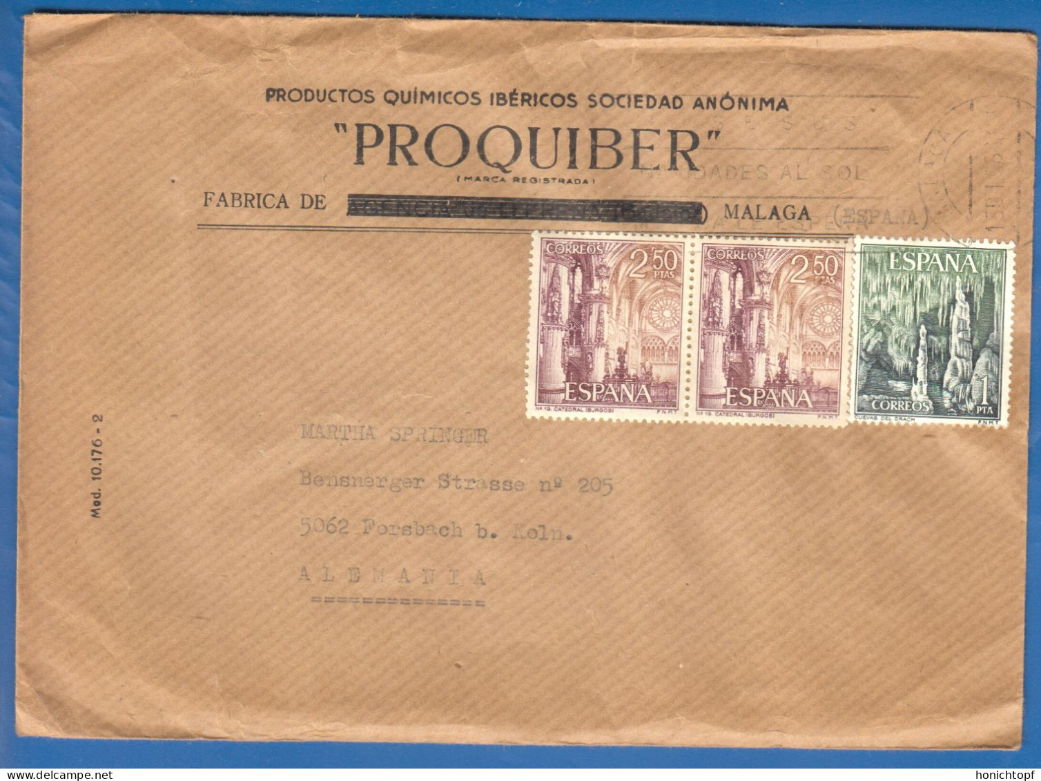 Spanien; Ca 1966; Cover / Letter To Germany; Fabrica Proquiber Malaga - Brieven En Documenten