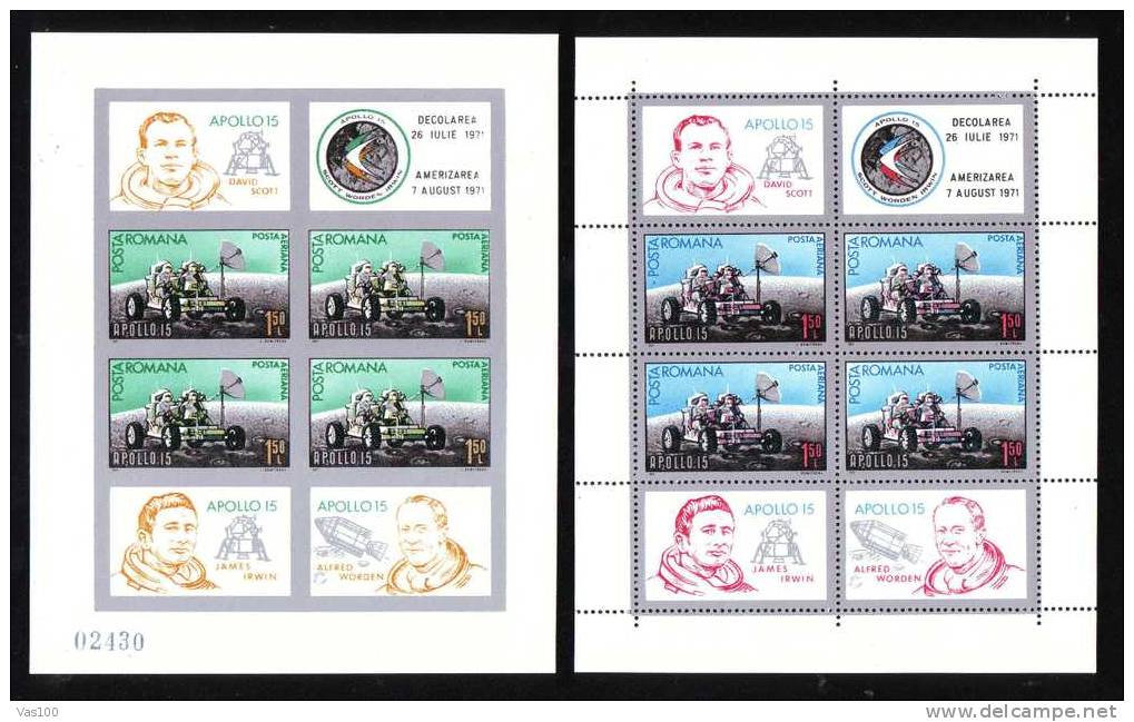 Romania 1971  Cosmonauts,APOLLO 15,Bl.88,+ Imperforated 89,MNH,CV=$360 - Full Sheets & Multiples