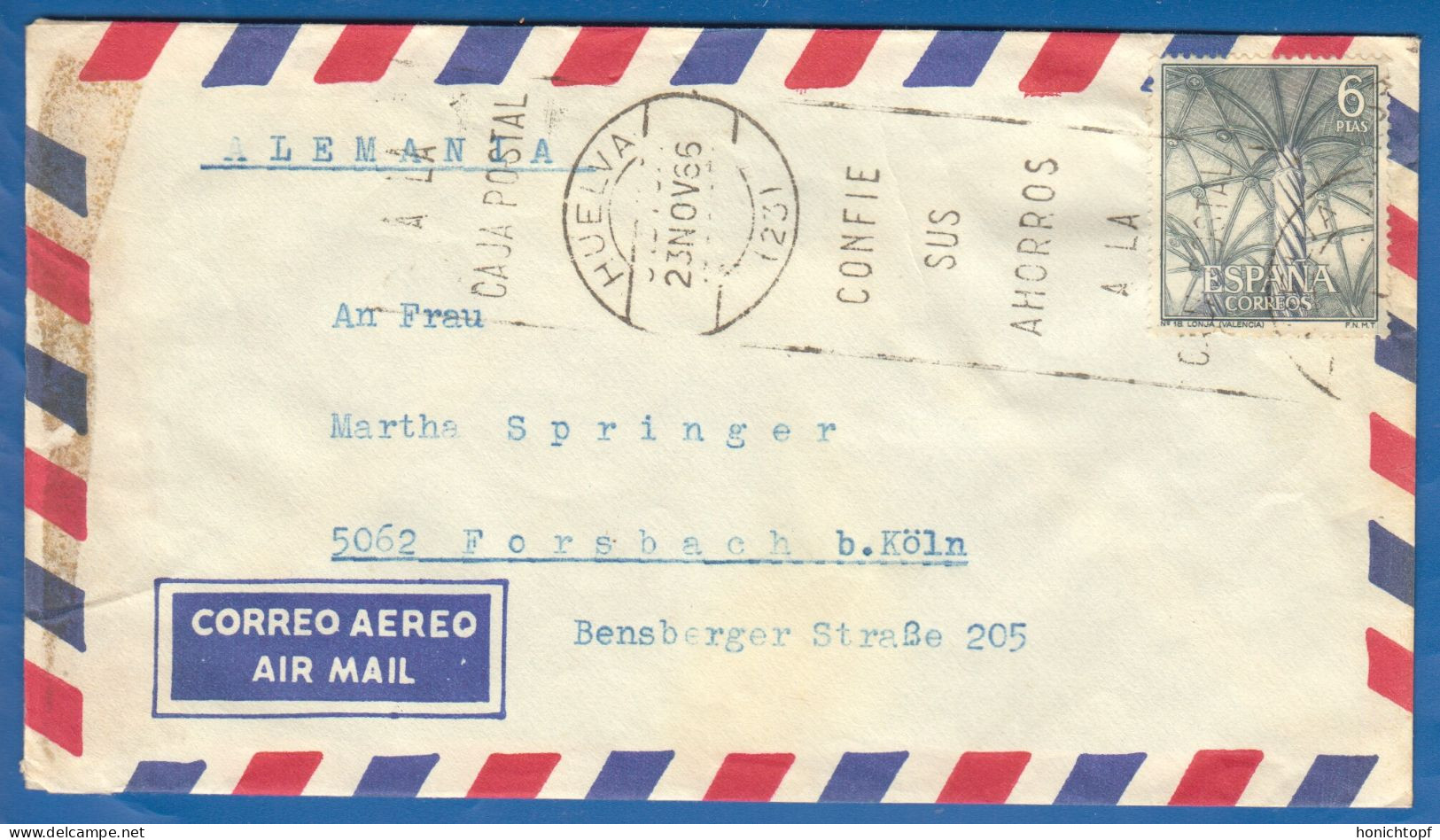 Spanien; Correo Aereo; 1966; Cover / Letter Huelva To Germany - Briefe U. Dokumente