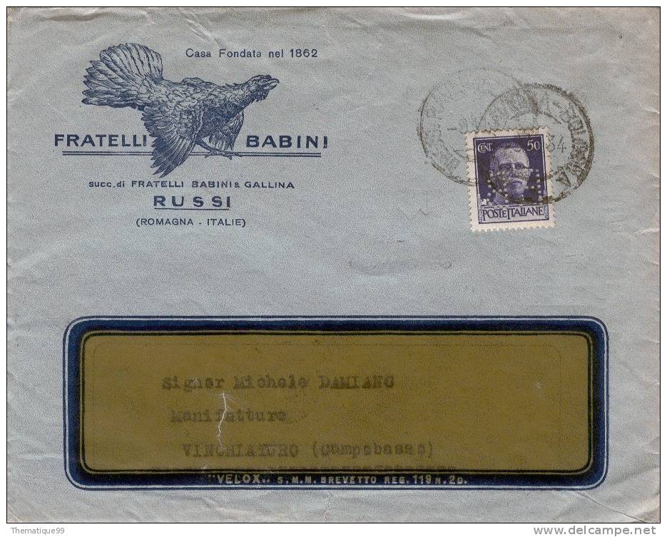 Lettre D'italie Avec Timbre Perforé FB, Perfin, Oiseau Bird Vogel 1934 - Gallináceos & Faisanes