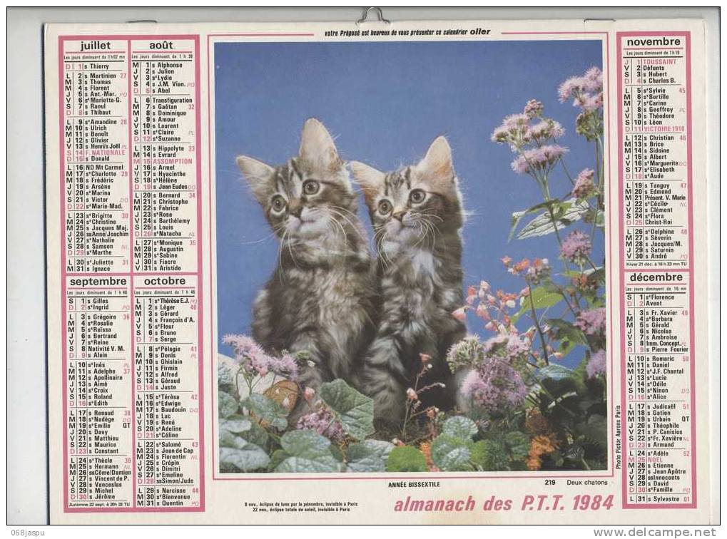 Almanach Du Facteur 1984 Haut Rhin Chat Agneau Lapin - Grand Format : 1981-90