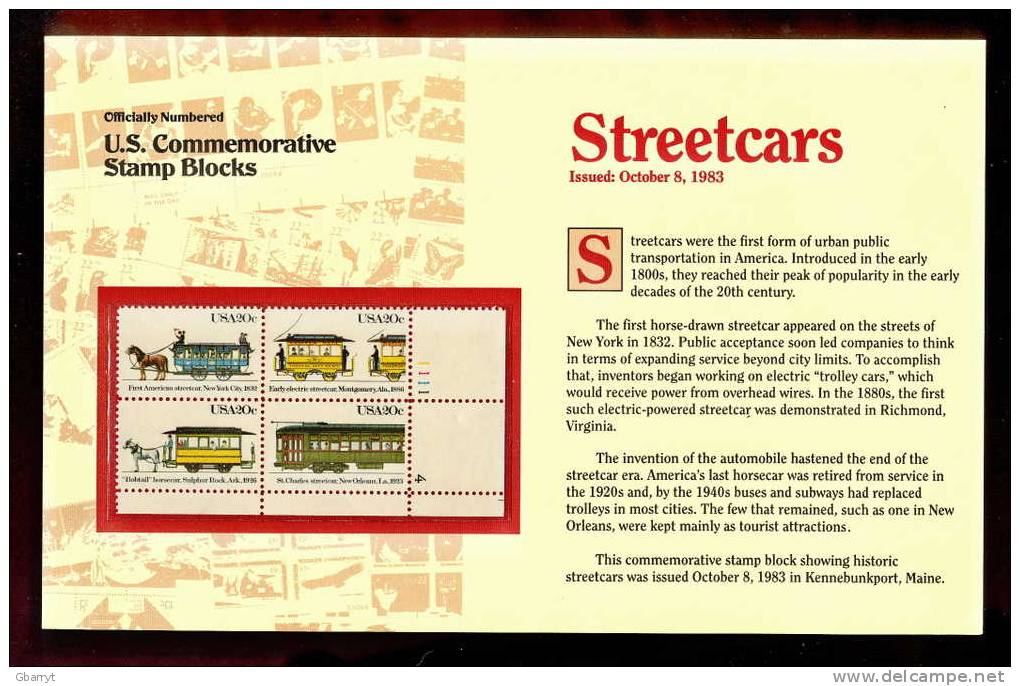 United States Scott # 2062a MNH VF Lower Right Corner Block Encased In Plastic. Streetcars - Covers & Documents