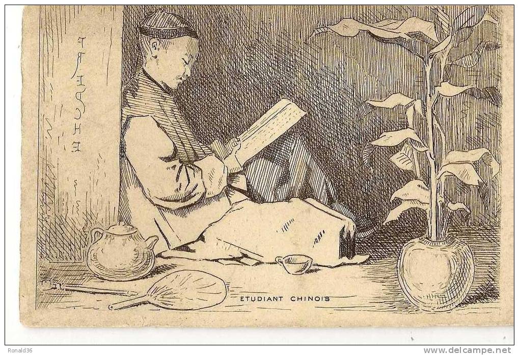 Cp CHINE : ( Illustrateur FREDCHE ) Un étudiant Chinois ( Plante , Thé , Livre ) - Chine