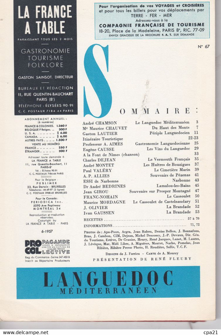 LANGUEDOC Méditeranéen Revue LA FRANCE A TABLE N° 67 1957: Gastronomie, Les Vins, Vermouth, Les Huitres, Lamalou ... - Turismo E Regioni