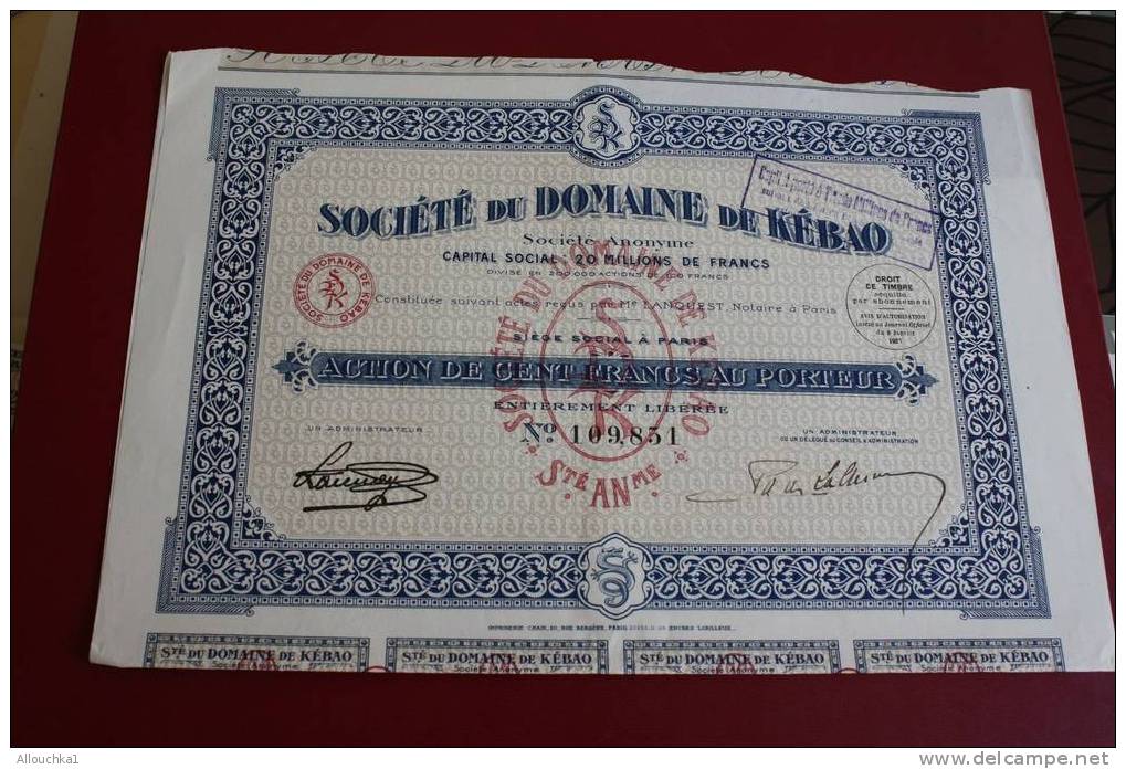 1927 SCRIPOPHILIE TITRE OU ACTION SOCIETE DU DOMAINE DE KEBAO ALGERIE  100 FRANCS - Industry