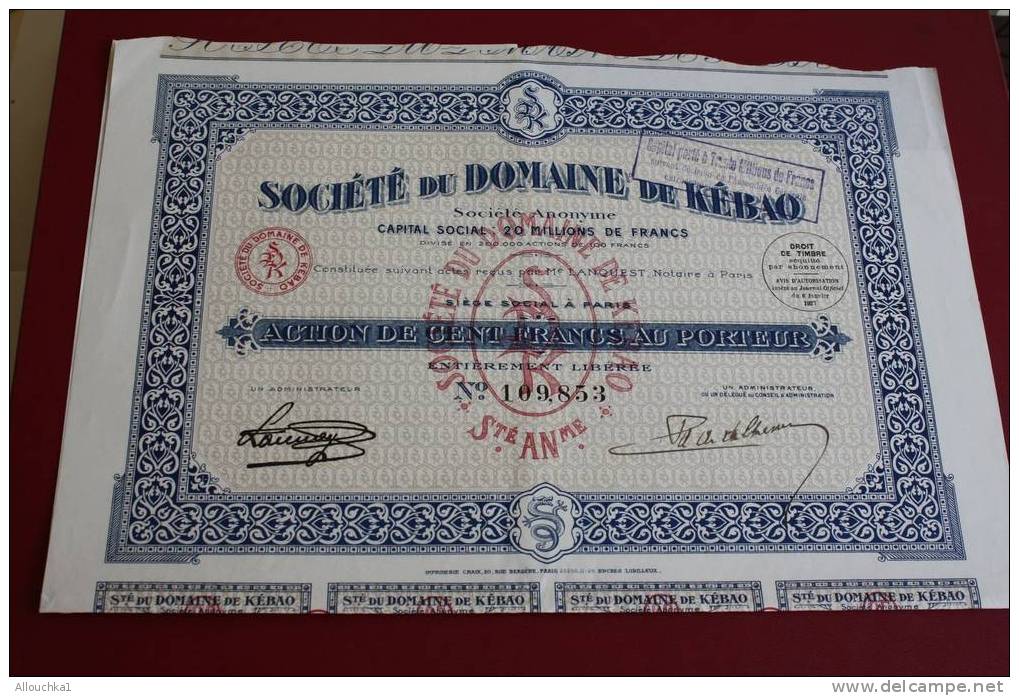 1927 SCRIPOPHILIE TITRE OU ACTION SOCIETE DU DOMAINE DE KEBAO ALGERIE  100 FRANCS - Industrie