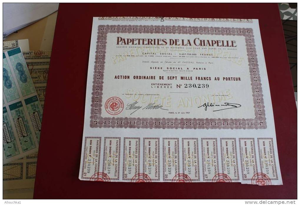 1957 SCRIPOPHILIE TITRE OU ACTION ORDINAIRE 7000 FRANCS PAPETERIE DE LA CHAPELLE - Industrie