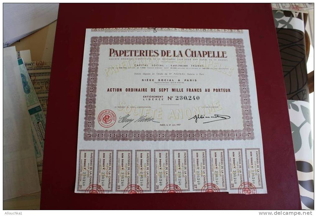 1957 SCRIPOPHILIE TITRE OU ACTION ORDINAIRE 7000 FRANCS PAPETERIE DE LA CHAPELLE - Industrie