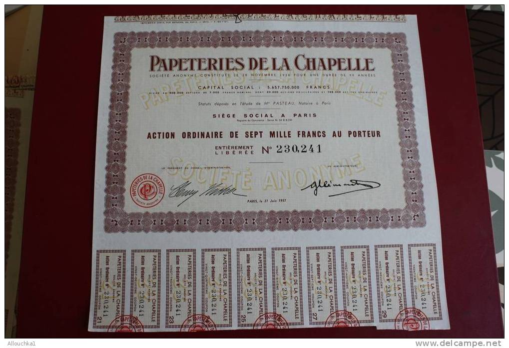1957 SCRIPOPHILIE TITRE OU ACTION ORDINAIRE 7000 FRANCS PAPETERIE DE LA CHAPELLE - Industry