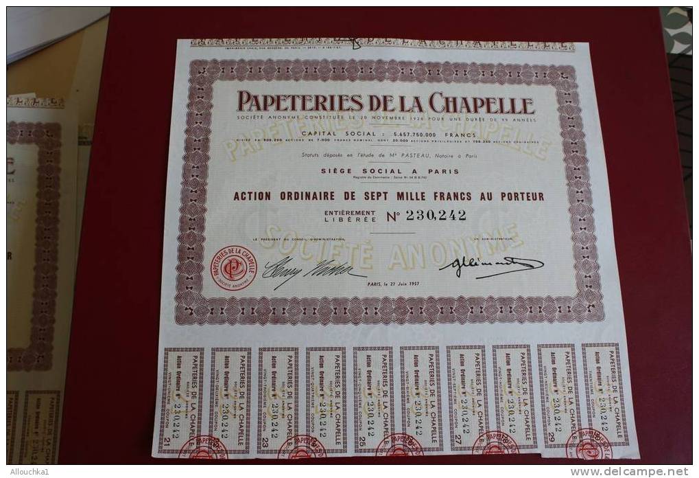 1957 SCRIPOPHILIE TITRE OU ACTION ORDINAIRE 7000 FRANCS PAPETERIE DE LA CHAPELLE - Industry