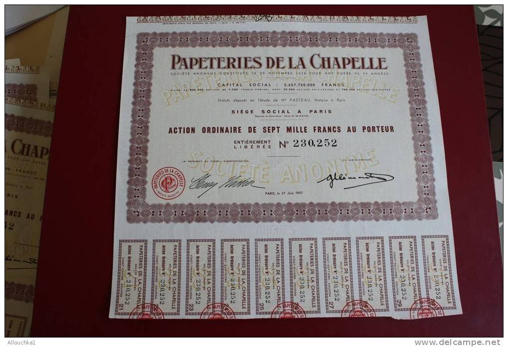 1957 SCRIPOPHILIE TITRE OU ACTION ORDINAIRE 7000 FRANCS PAPETERIE DE LA CHAPELLE - Industrie