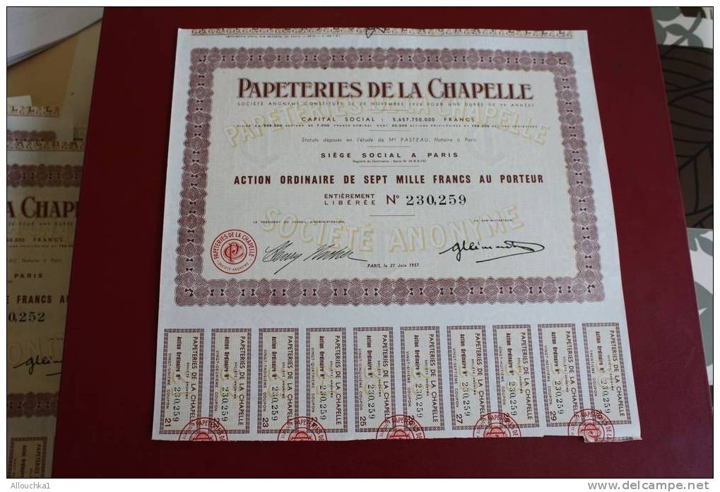 1957 SCRIPOPHILIE TITRE OU ACTION ORDINAIRE 7000 FRANCS PAPETERIE DE LA CHAPELLE - Industry