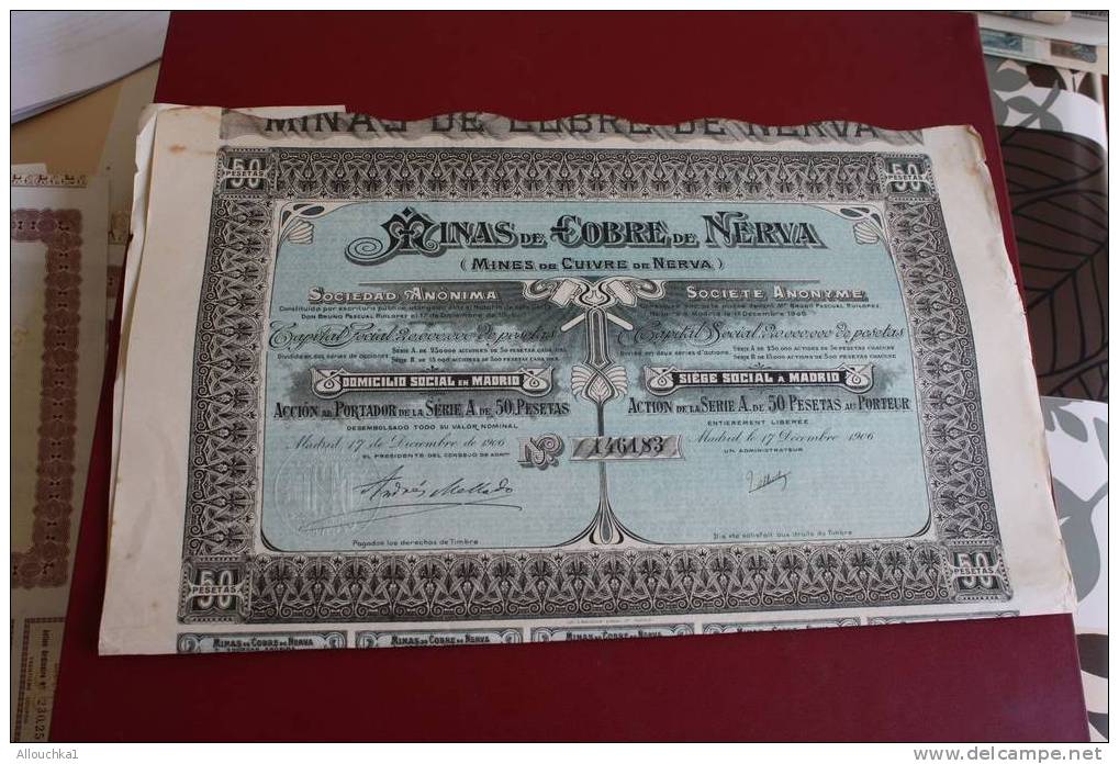 MADRID ESPANA 1906 SCRIPOPHILIE TITRE OU ACTION 50 PESETAS MINES DE CUIVRE DE NERVA  MINAS DE COBRE DE NERVA - Mines