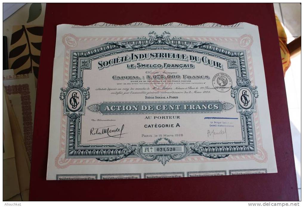 1923 SCRIPOPHILIE TITRE OU ACTION SOCIETE INDUSTRIELLE DU CUIR LE SMELCO FRANCAIS  100 FRANCS - Industrie
