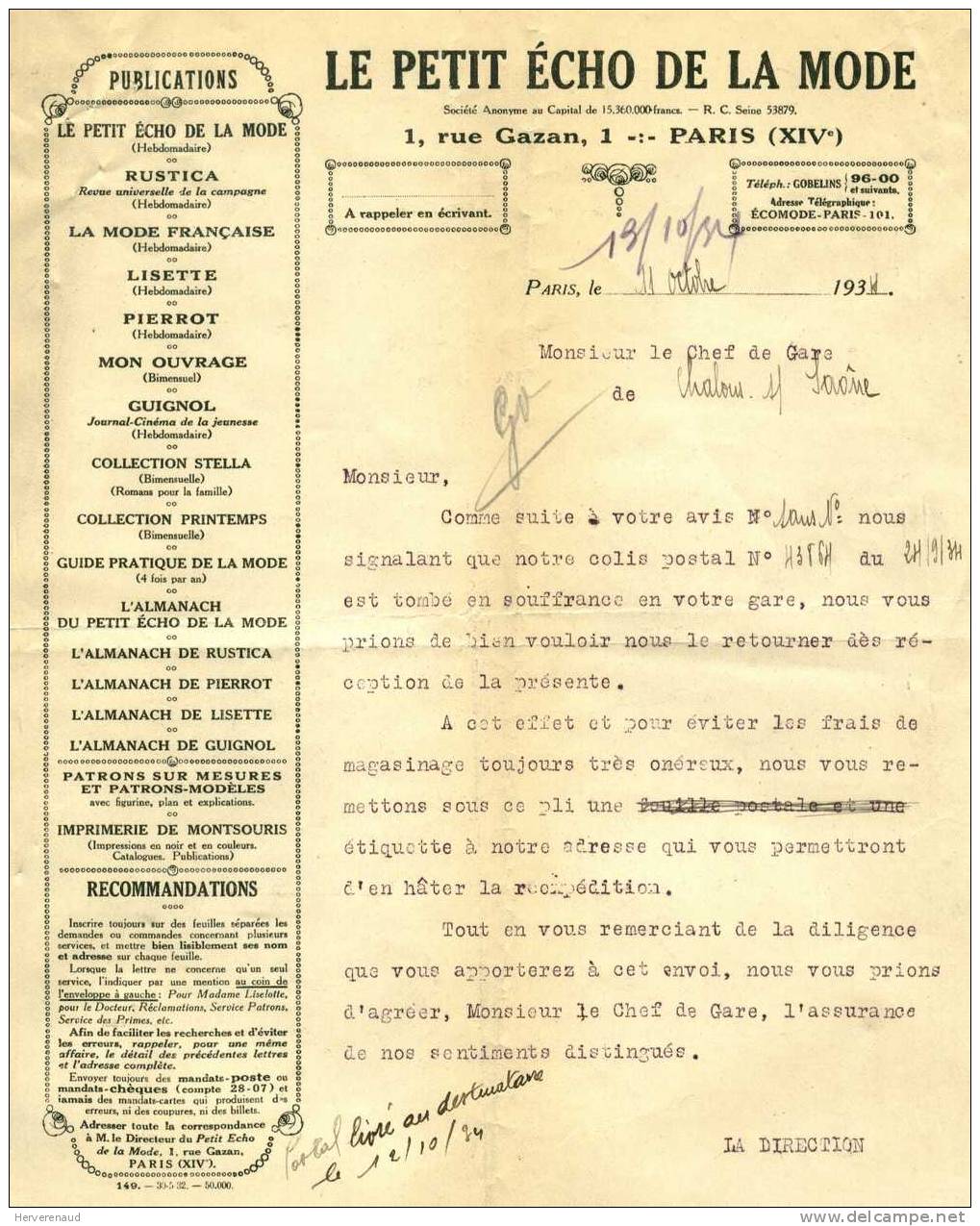 Paix 283 (déchiré) Sur Lettre Du Petit Echo De La Mode à Paris,  Pour Chalon-sur-Saône - 1932-39 Paix