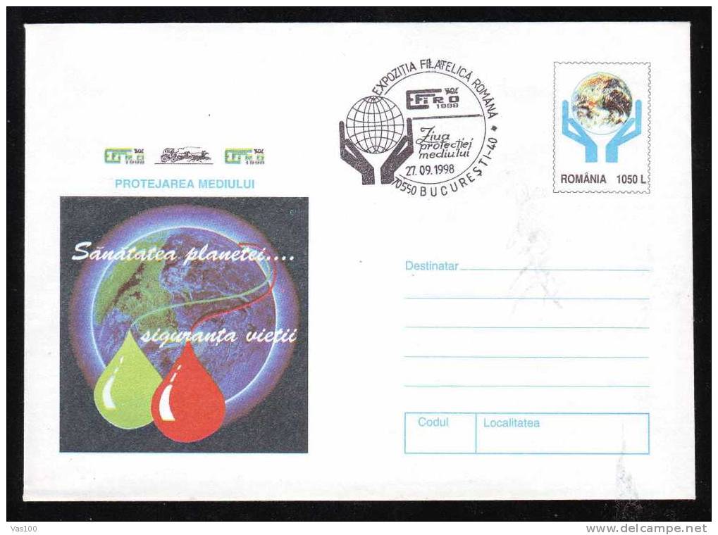 Water Environment Pollution Nature,1 Cover Stationery PMK 1998,obliteration Concordante, Romania - Polucion
