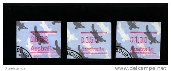 AUSTRALIA - 1986  FRAMAS  PLATYPUS  NO  POSTCODE   BUTTON SET (36c.-50c.-$1)  FINE USED - Timbres De Distributeurs [ATM]