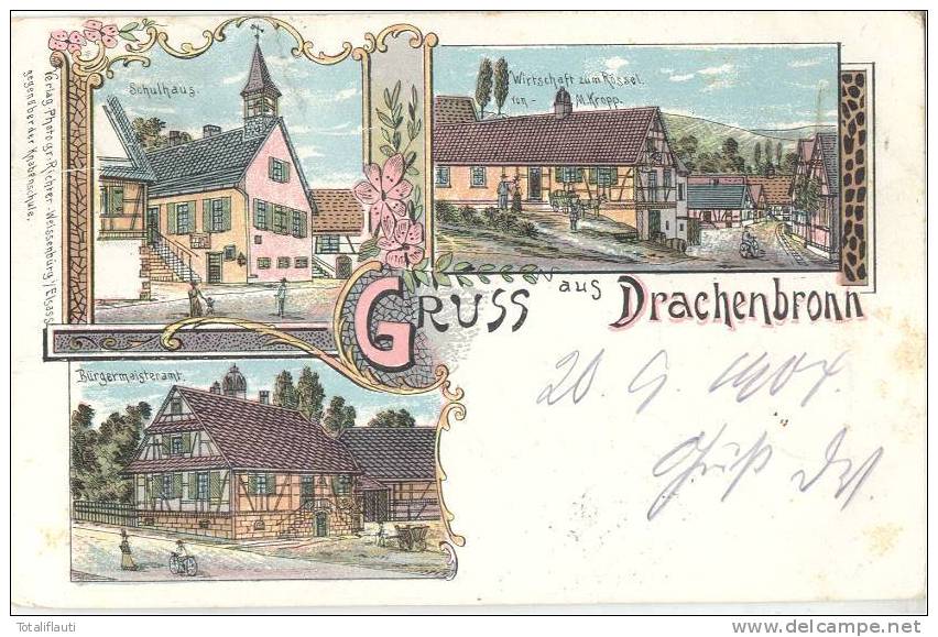 Gruss Aus Drachenbronn Color Litho  Schulhaus Gast Wirtschaft Zum Rössel Bürgermeisteramt 20.9.1904 Soultz-sous-Forêts - Wissembourg