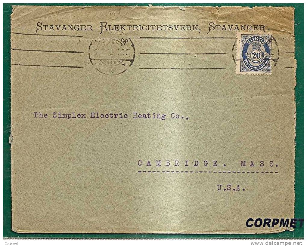 NORWAY - VF 1912 COVER From STAVANGER ELEKTRICITETSVERK To CAMBRIDGE, MASS, USA - Cartas & Documentos